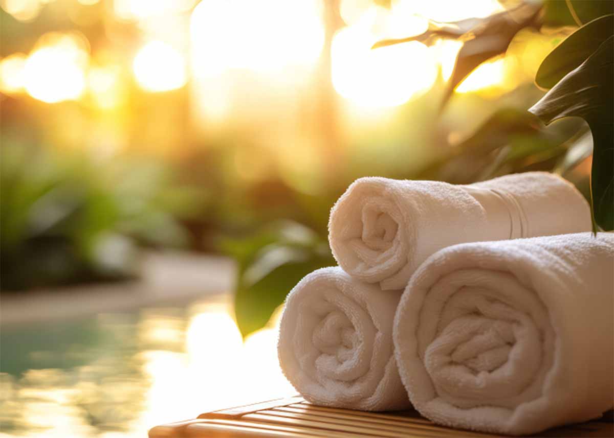 Three towels stacked next to pond