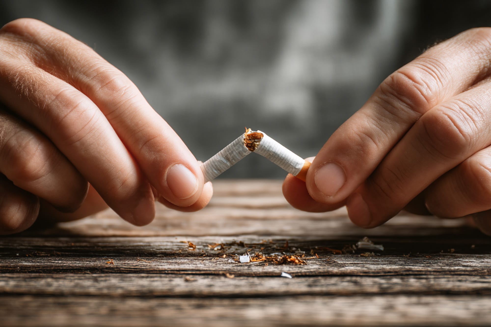 close-up of hands breaking a cigarette in half, strong determined gesture