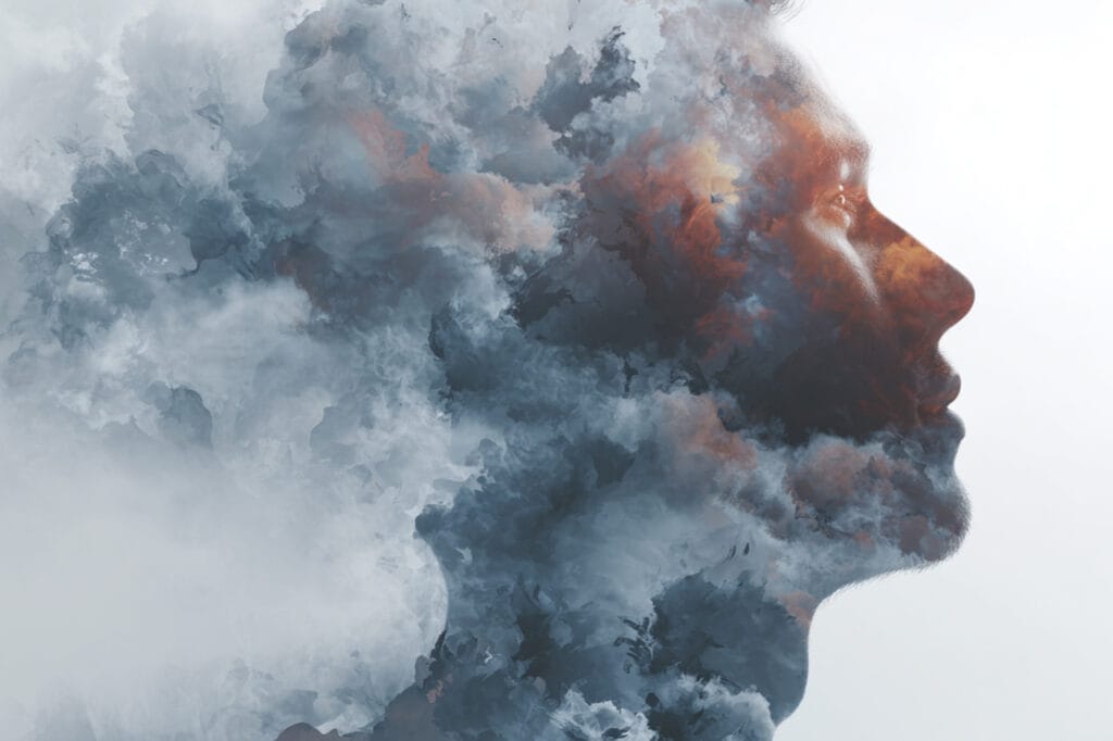 illustration of a person with abstract clouds