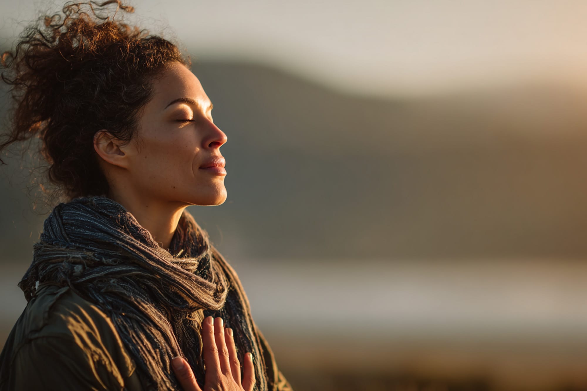 individual practicing deep breathing outdoors, wind and sunlight, calm tension-release imagery