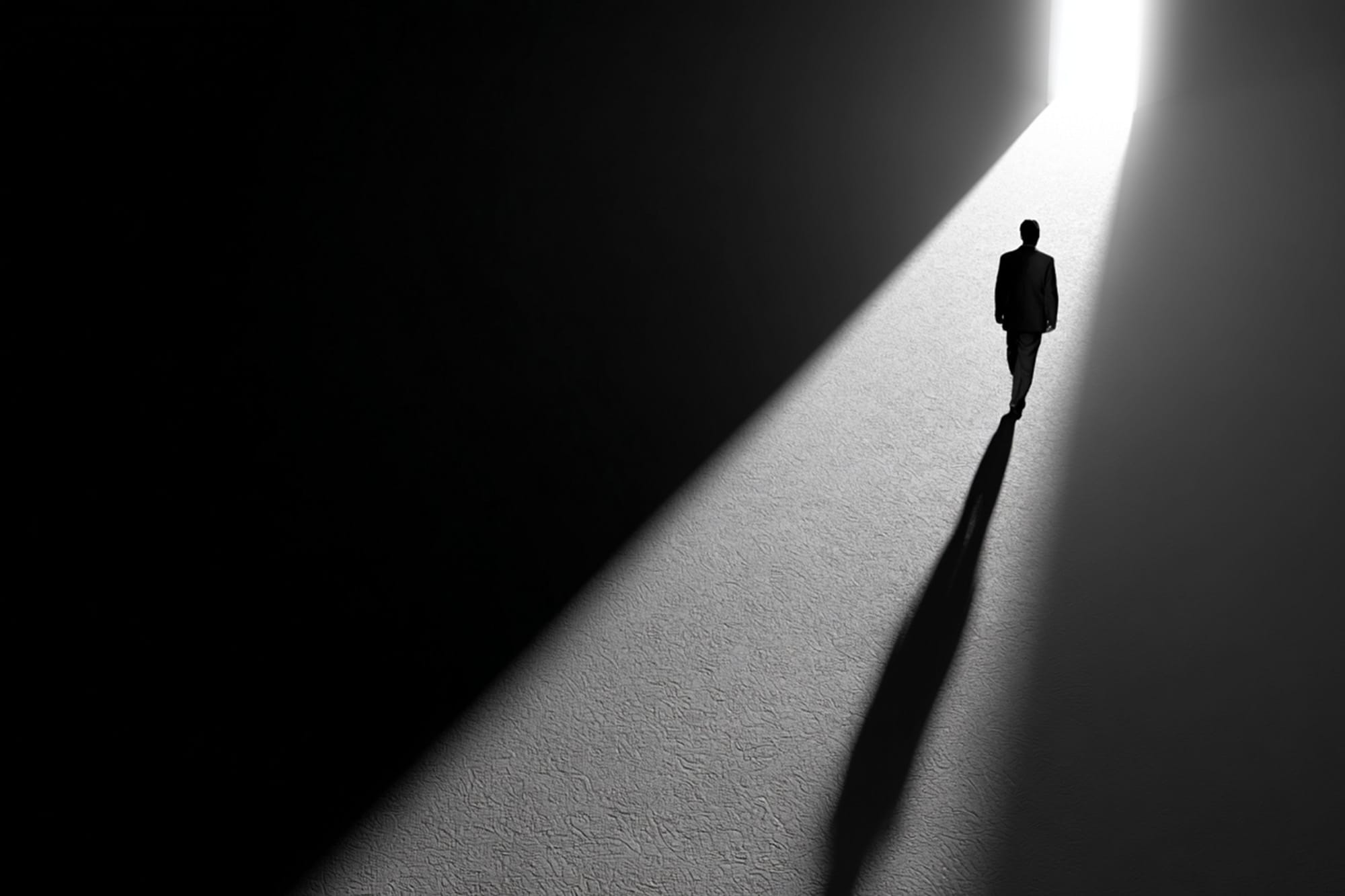 half-shadow half-light figure stepping toward brightness, symbolic hope-forward approach