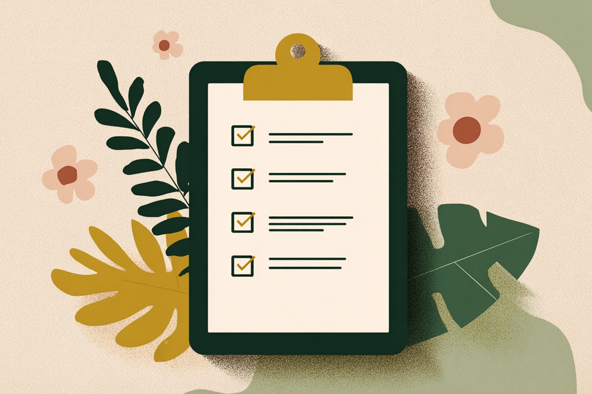 checklist graphic over serene background, minimalist icons, wellness color palette