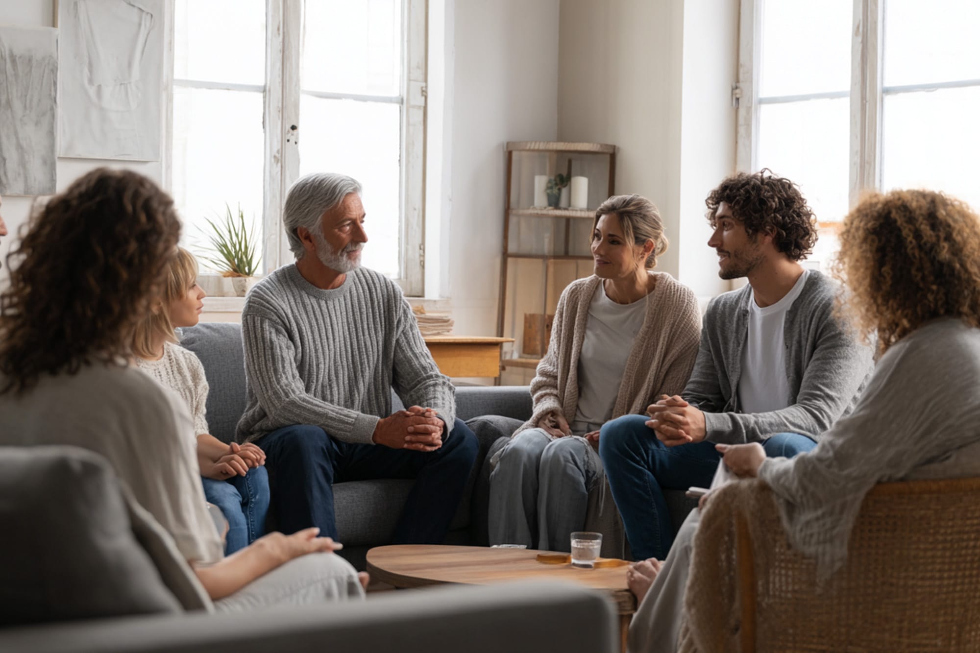 family gathered in calm living room discussing with intervention professional, respectful tone, natural light
