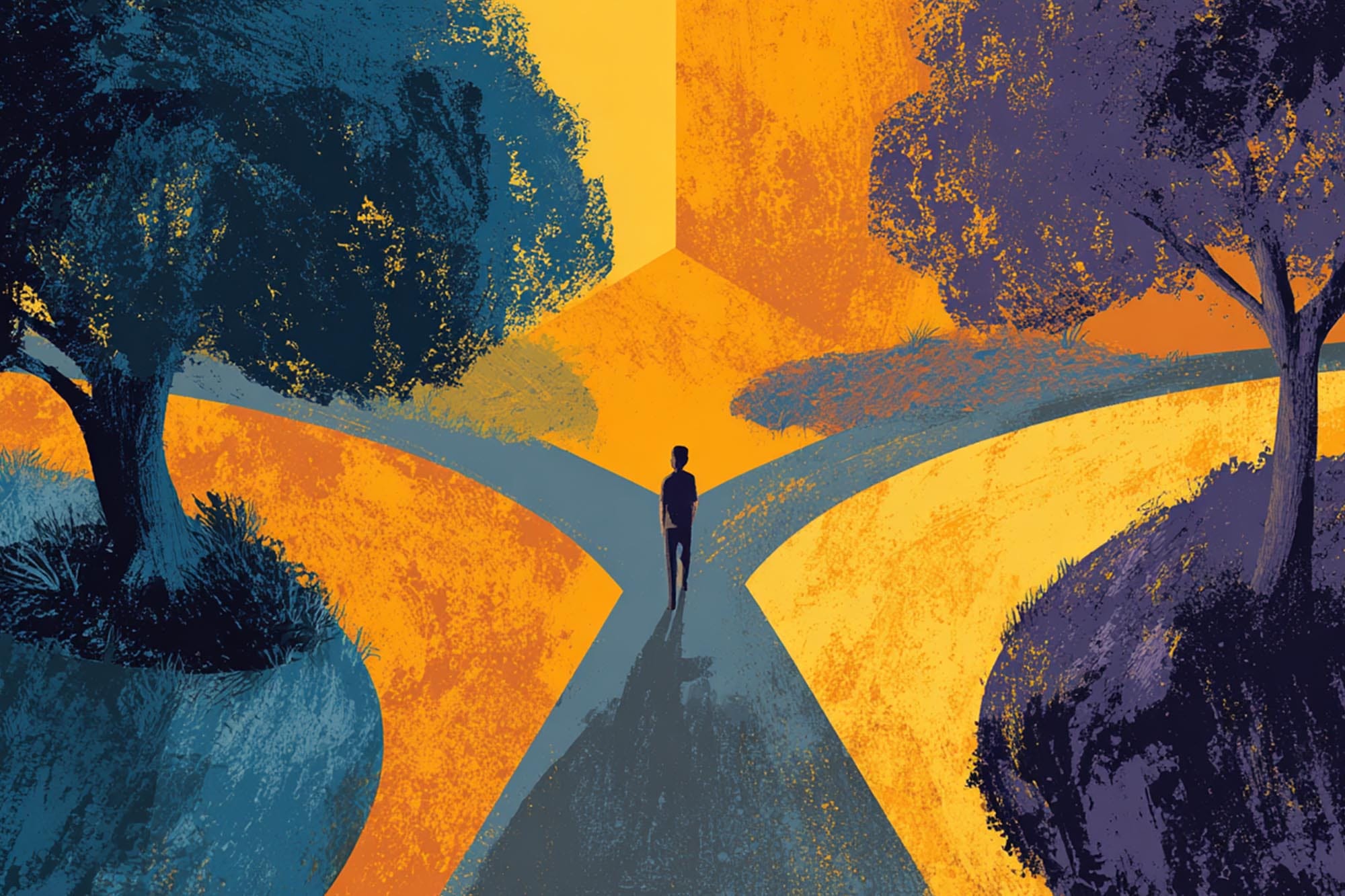 two paths diverging then rejoining, symbolic treatment options, clean minimal composition