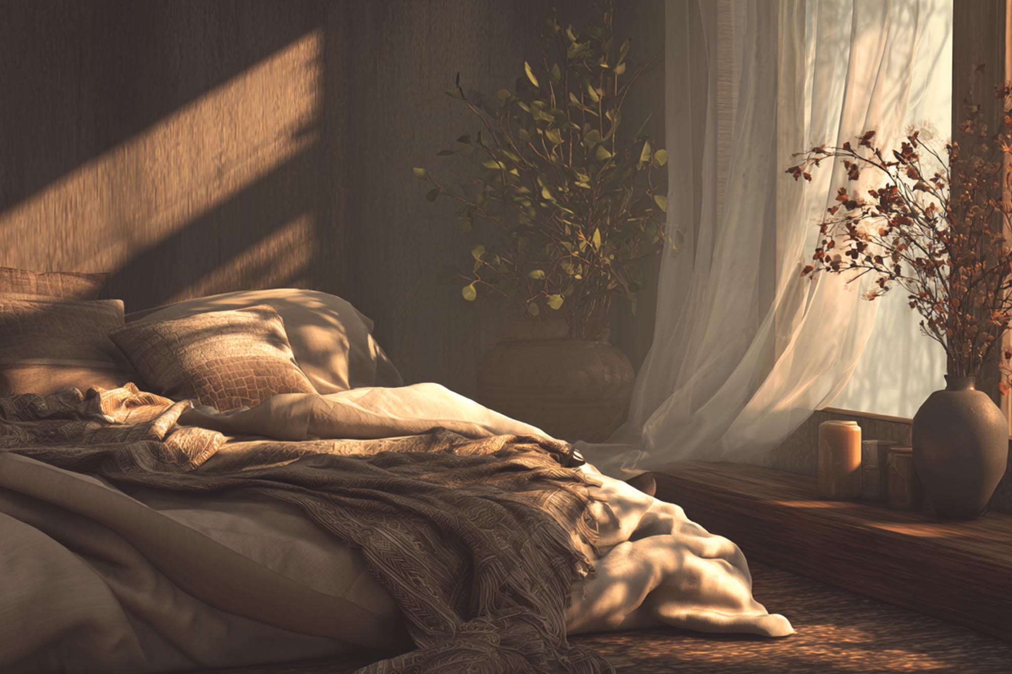 peaceful bedroom scene with soft warm light and calm textures, cozy recovery theme