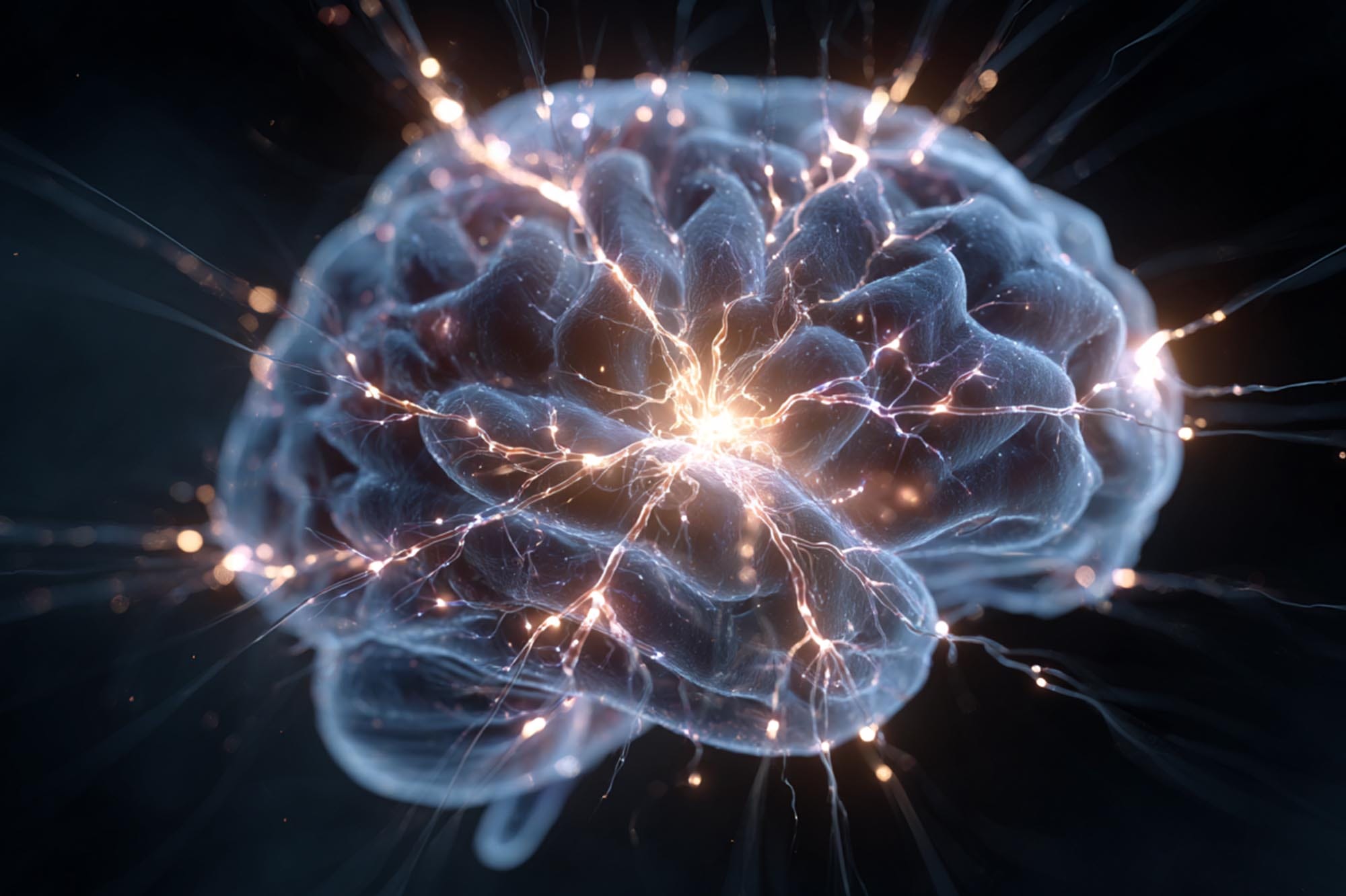 scientific but soft illustration of brain healing, glowing pathways, clean medical aesthetic