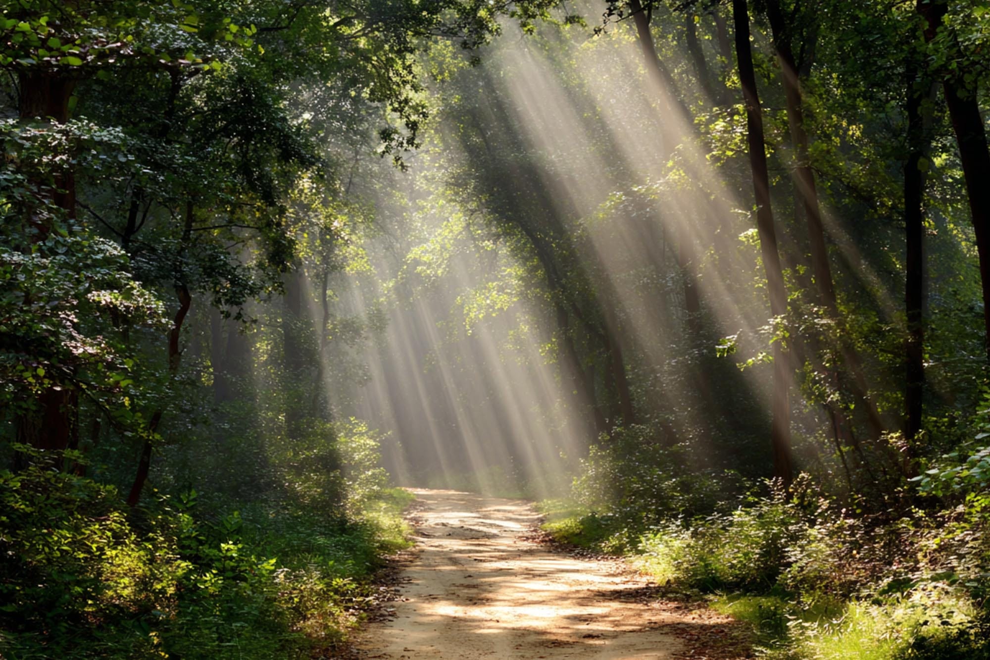 pathway through forest with light beams, symbolic self-guided recovery, natural hopeful tones