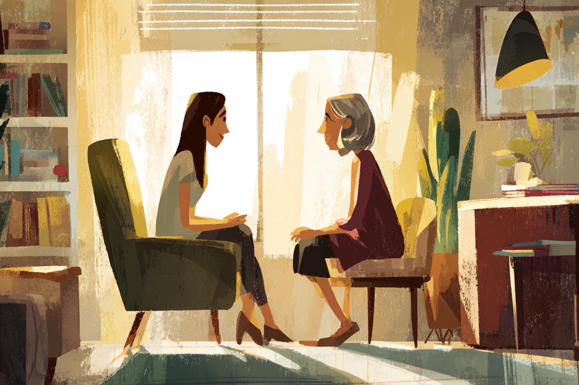 herapist and patient in open warm office, gentle lighting, comforting interaction