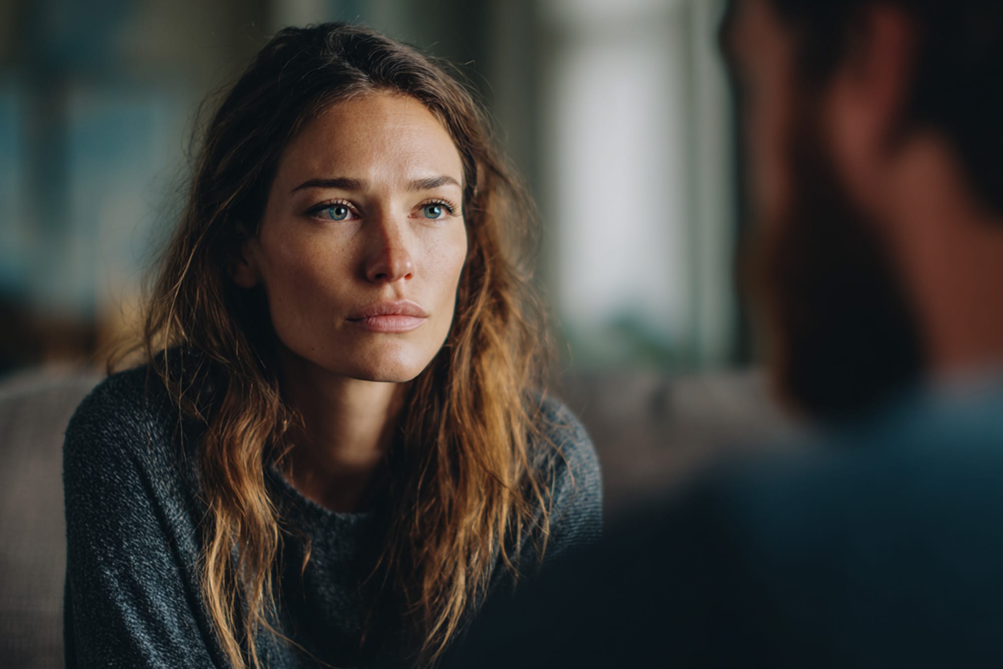 Two adults in a serious but caring conversation at home, emotional tension balanced with compassion, natural lighting