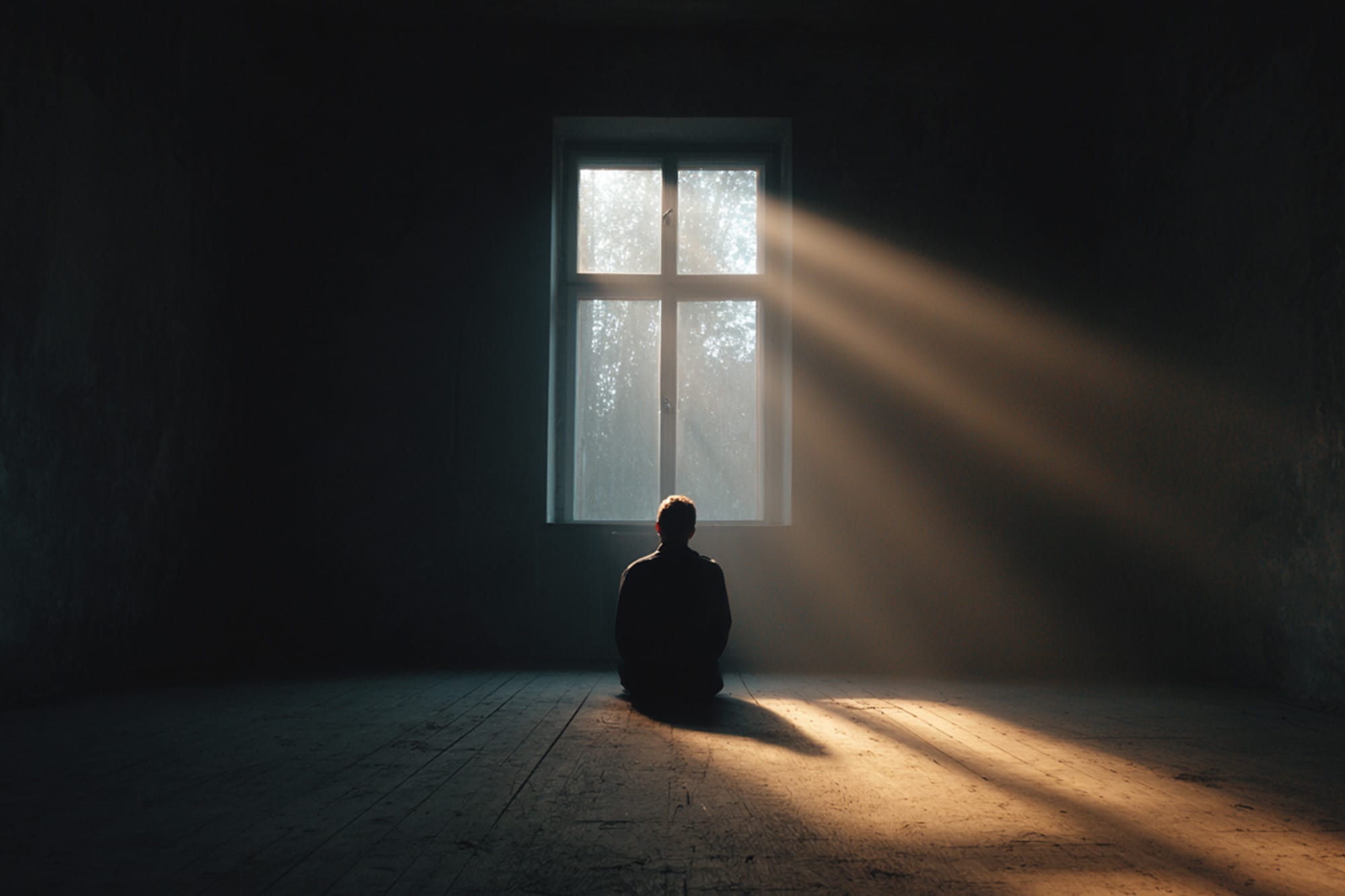 Person sitting alone in a dim room with light breaking through a window, subtle symbolic shadows