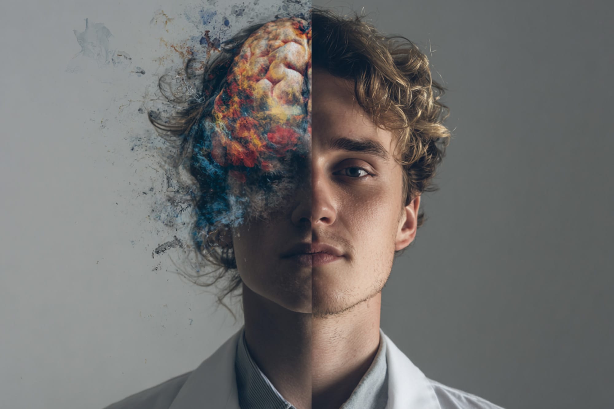 Split composition showing brain imagery blended with a calm human portrait, symbolic of mental health and recovery, clean medical aesthetic