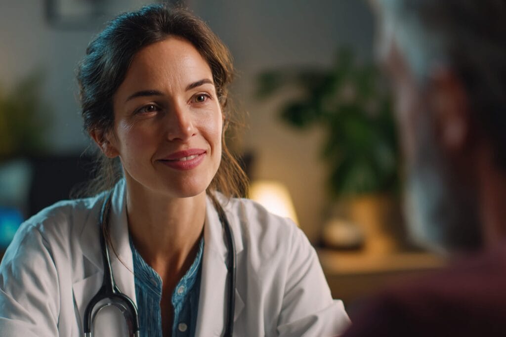 Medical professional speaking calmly with a patient in a clinical but warm setting, trust-focused imagery