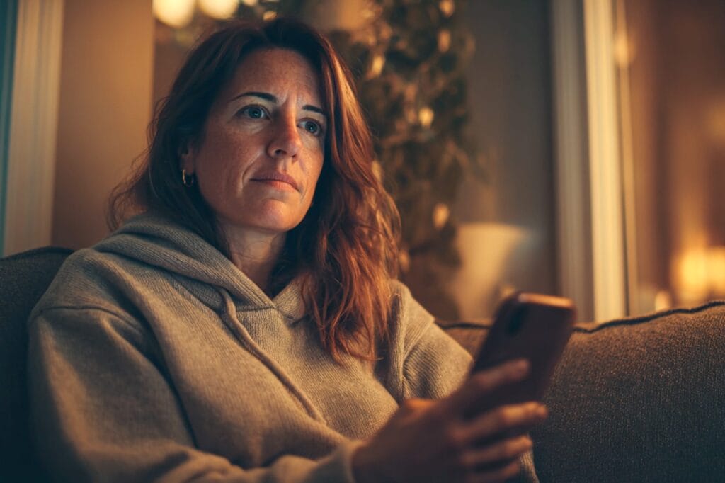 Concerned parent sitting quietly, holding a phone, emotional but restrained expression, warm interior lighting, photorealistic