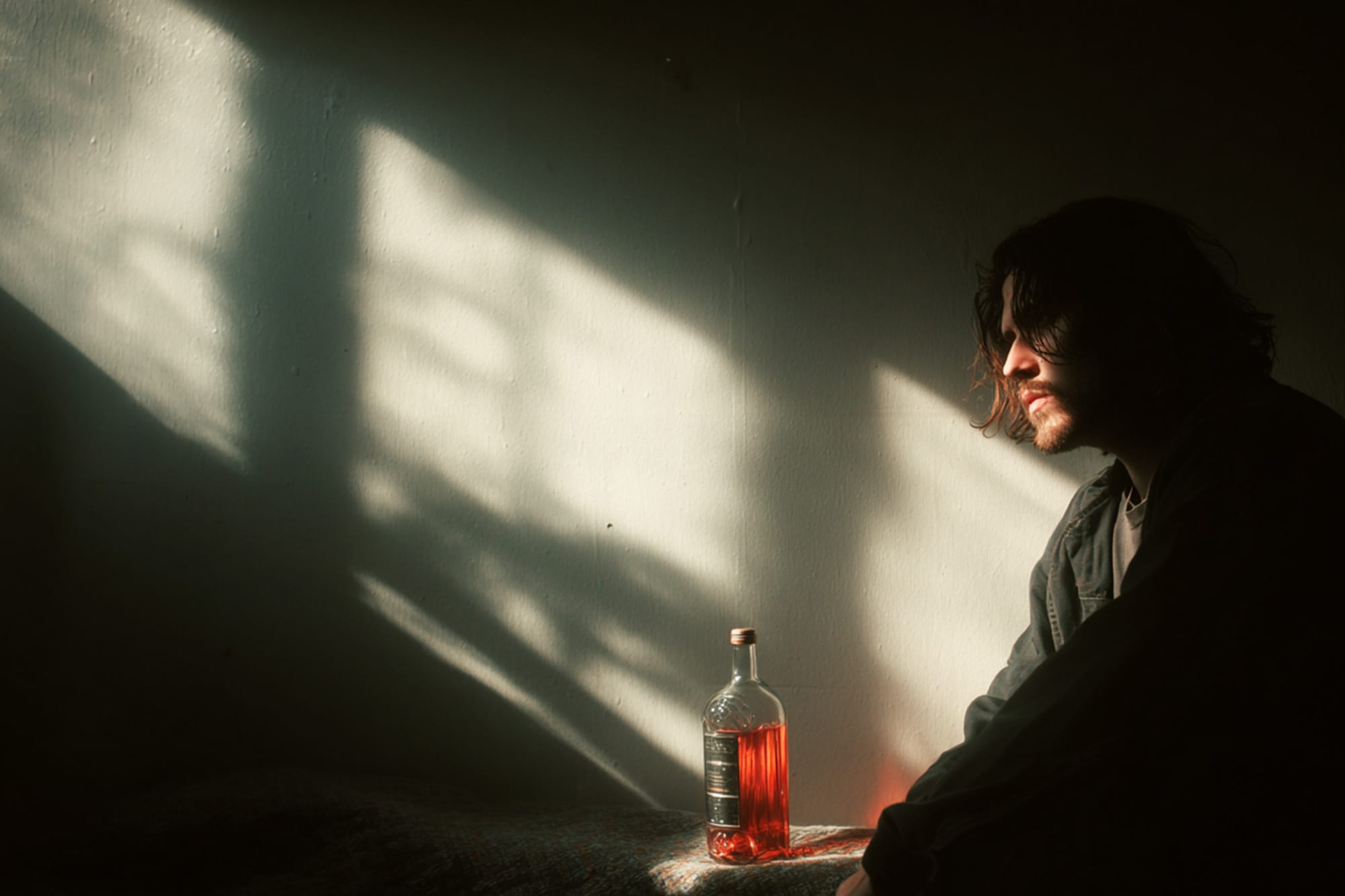 Person staring at a glass of water instead of alcohol, early morning light, quiet determination, hopeful realism