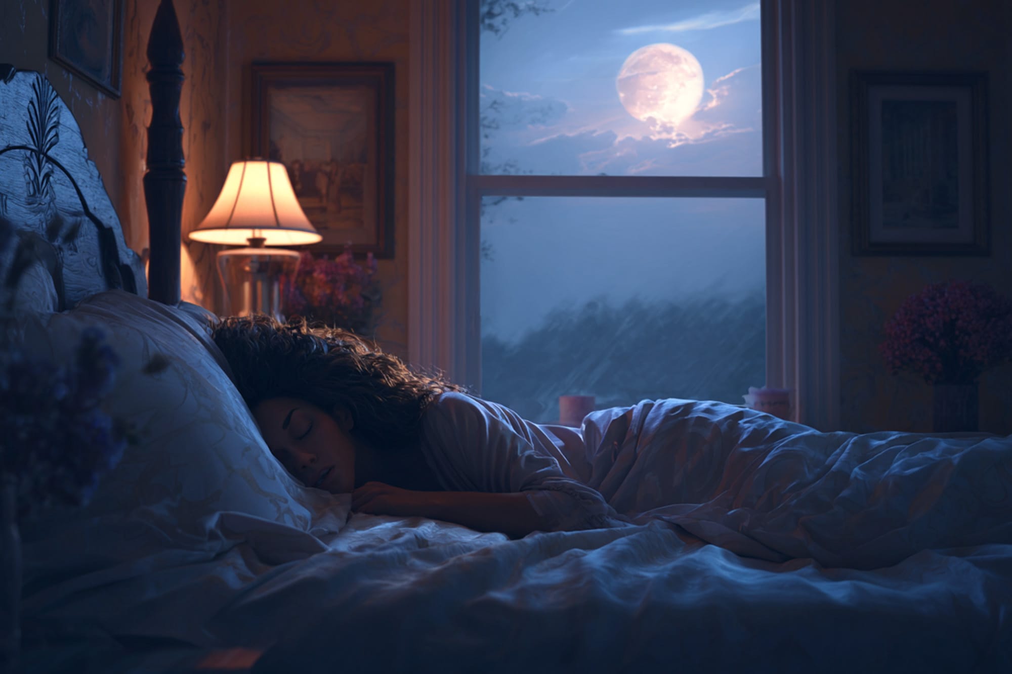 Peaceful bedroom scene at night, soft moonlight, person resting comfortably, calm and restorative mood, photorealistic
