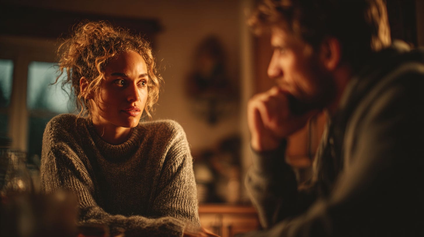 A concerned couple sitting together at a kitchen table in a warmly lit home during early evening