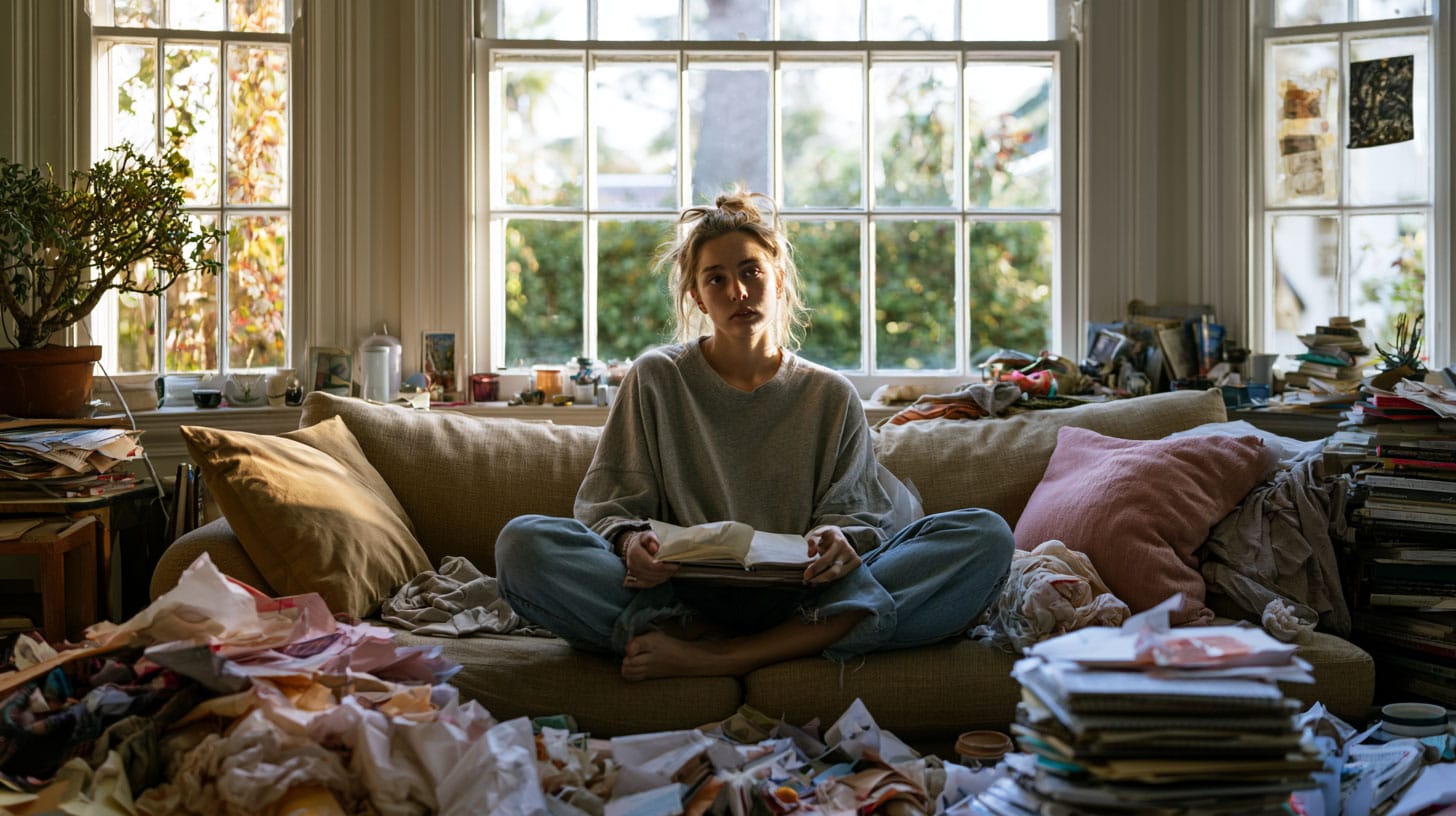 A young adult sitting on a couch surrounded by unfinished projects and clutter, staring out a window with a disconnected expression