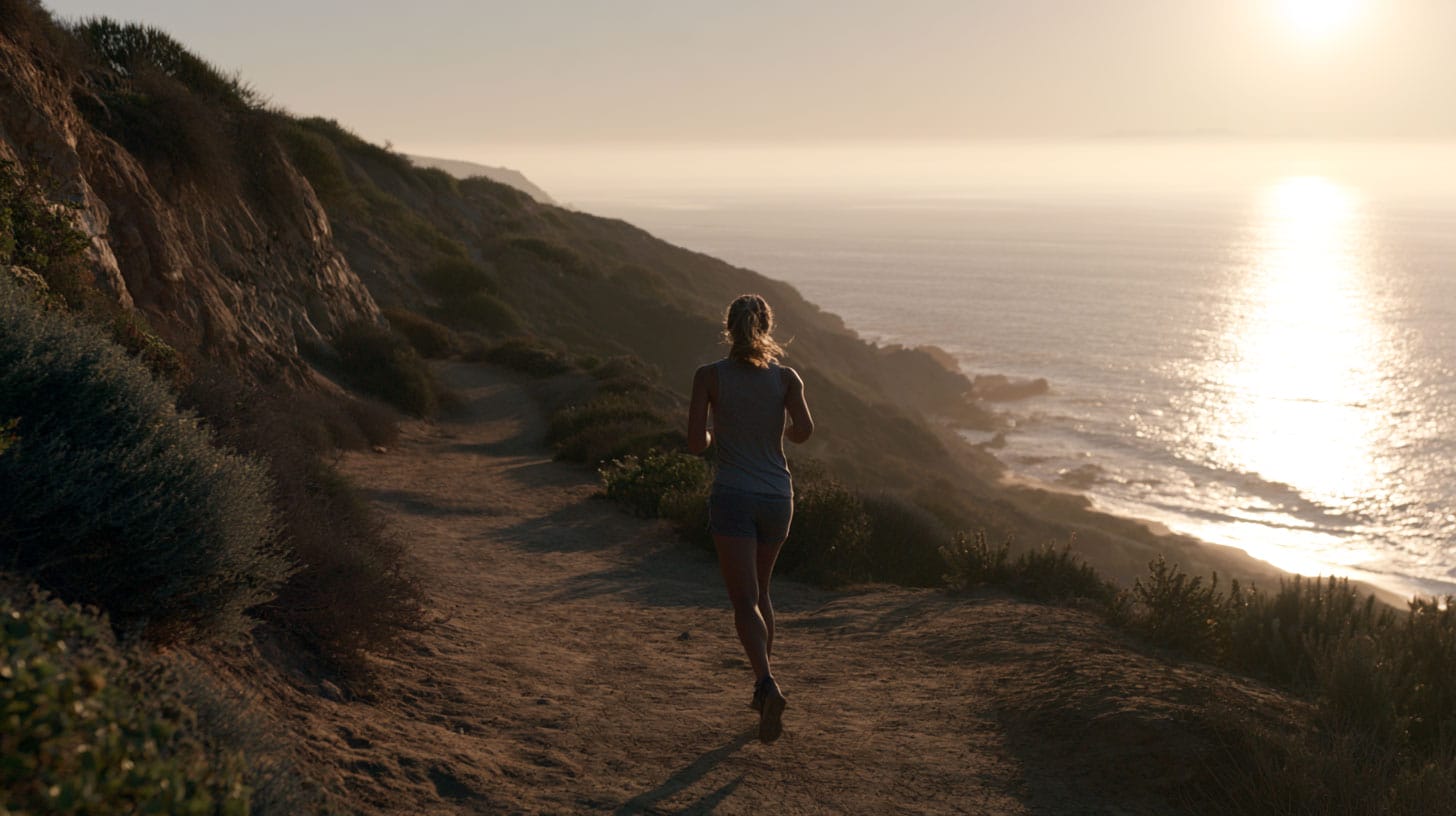 A recovering individual jogging at sunrise along a coastal trail