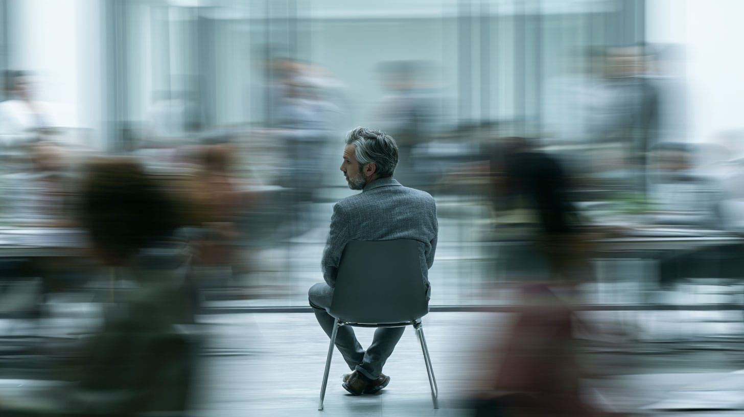 A professional sitting alone in a modern office while multiple conversations and activities happen softly out of focus around them