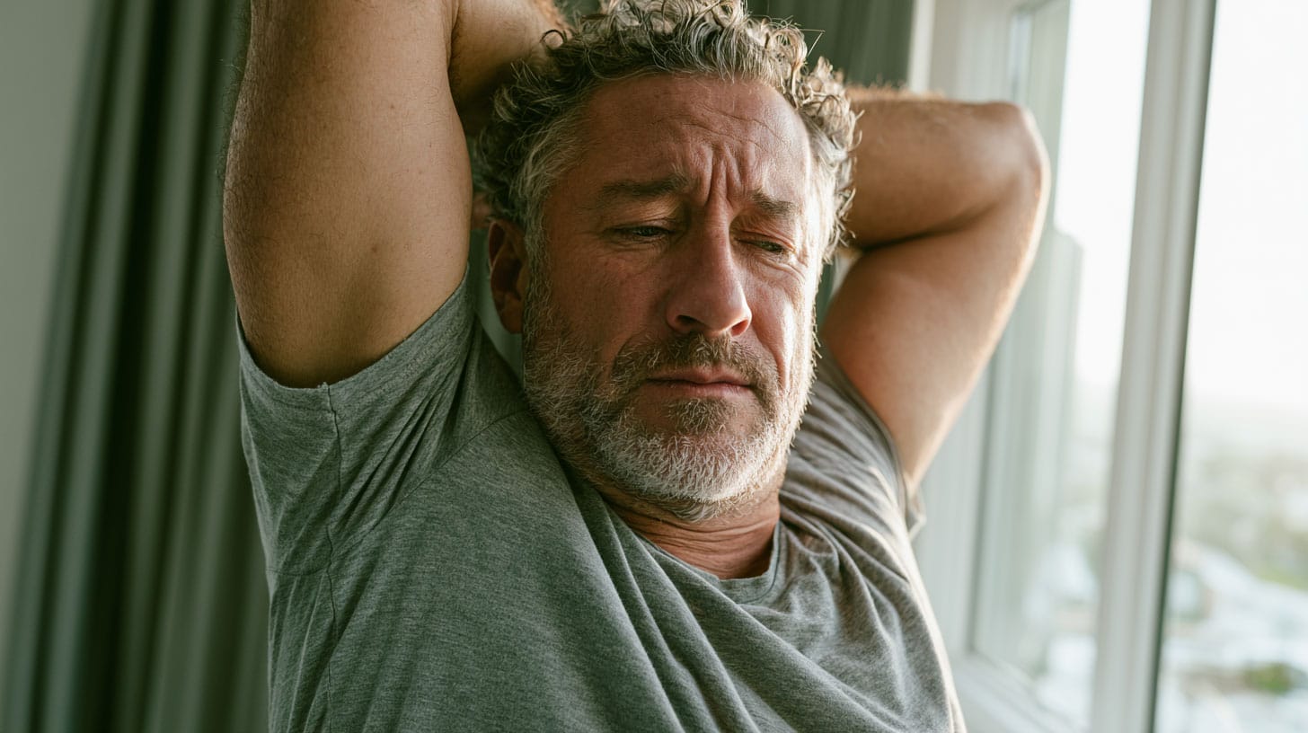 A middle-aged adult stretching carefully near a window, visible discomfort but determination